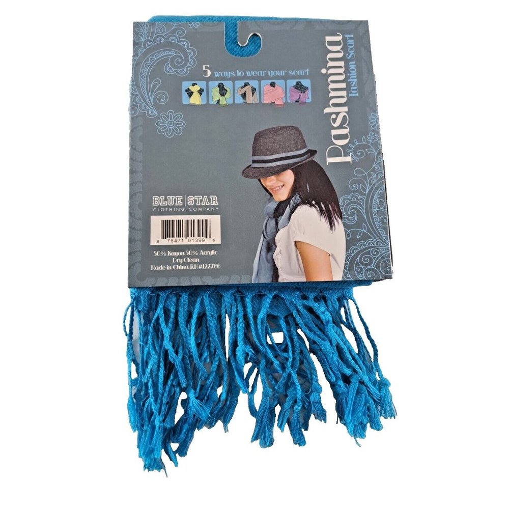 Womens Pashmina Fashion Scarf NEW Blue Rayon Acrylic Fringe Versatile